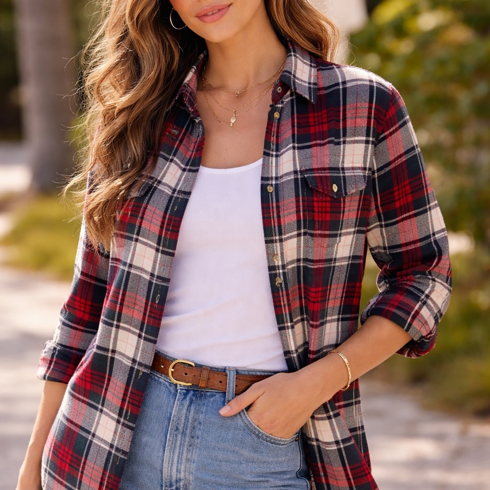 Chaps Denim Womens XL Plaid Flannel Button Down Shirt Red‎ Navy Floral Trim